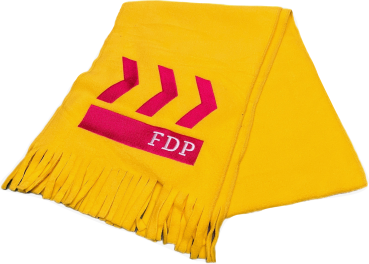 Vliesschal gelb mit Kampagnenmotiv gestickt